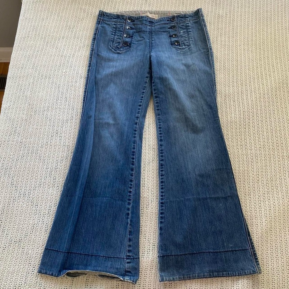 Vintage Y2k Old Navy Lowest Rise Twee Whimsy Blue Denim Flare Jeans Button Front
